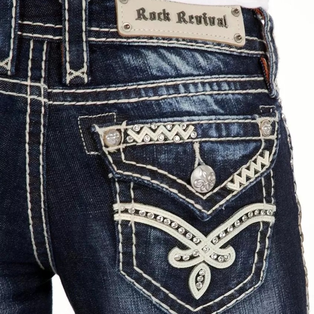 ROCK REVIVAL Elaina Boot Cut Jeans Size 29 Dark Wash Distressed Whiskers Bling
